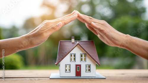 Two hands forming a roof-like structure over a small house model, symbolizing real estate insurance, home protection, and smart investment security.