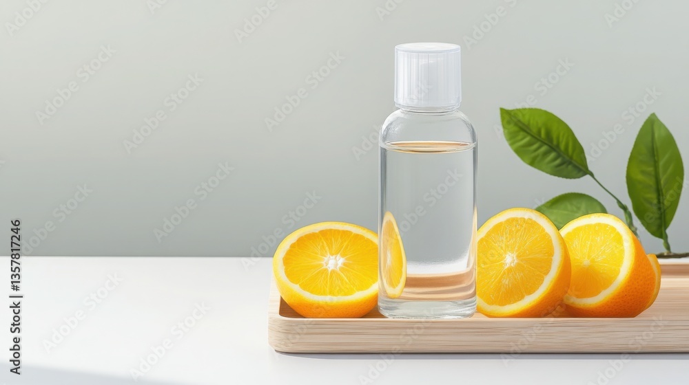 A clear glass bottle filled with a refreshing facial toner, placed on a wooden tray with sliced oranges and lemons, glowing under natural light. A clear glass bottle filled with a refreshing facial toner, placed on a wooden tray with sliced oranges and lemons, glowing under natural light.