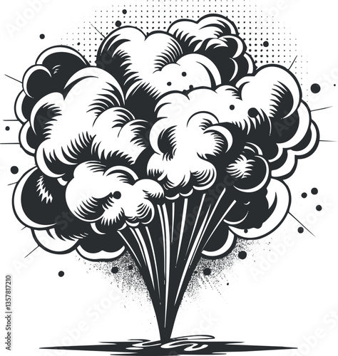 Black and white illustration of an explosive cloud burst in cartoon style.