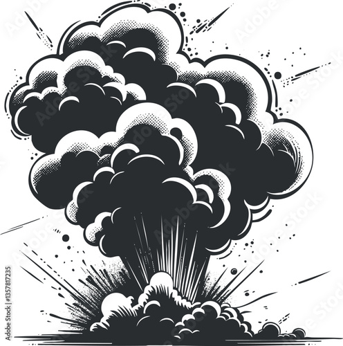 Black and white illustration of an explosive cloud with dynamic lines.