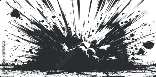 Black and white graphic illustration of an explosive burst with dynamic lines.