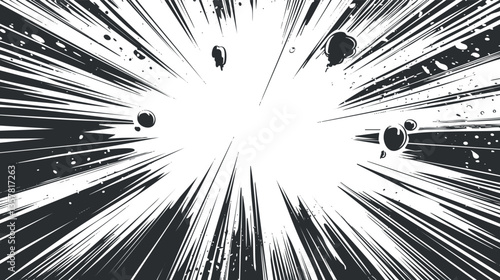 Dynamic comic-style explosion with dramatic black and white lines.