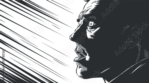 Dramatic black and white comic illustration of a person in profile.