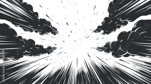 Dynamic black and white comic-style explosion with dramatic clouds and lines.