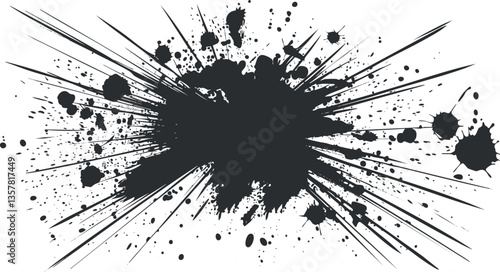 Black ink splash with dynamic splatter pattern on white background.
