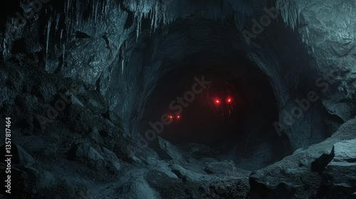 A dark, eerie cave with glowing red eyes peering from the shadows.