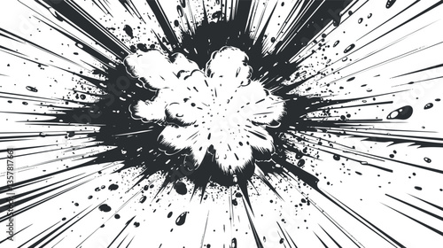 Dynamic black and white explosion graphic with energetic burst effect.