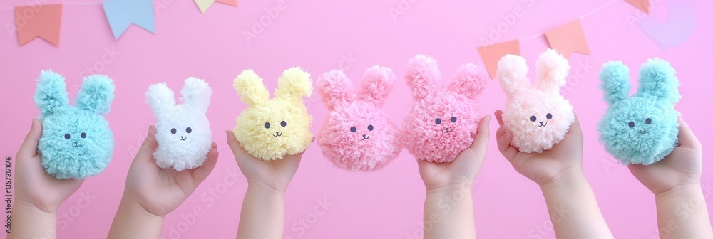 Obraz premium A row of small, fluffy bunnies poses against a soft pink background, showcasing their adorable features and gentle demeanor.