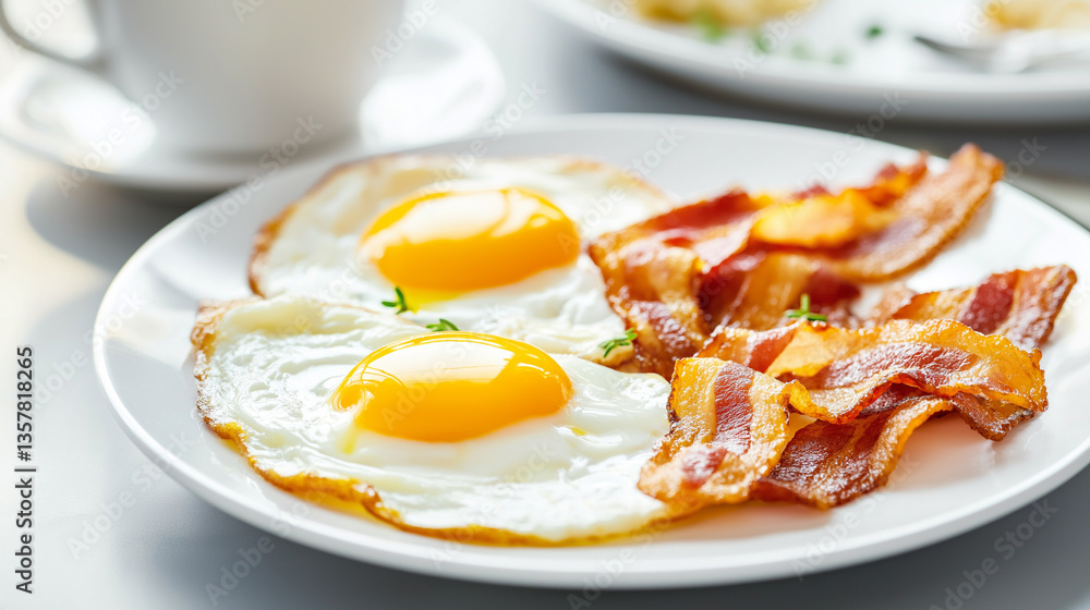 A breakfast plate with sunny-side-up eggs and crispy bacon served on a white dish.
A breakfast plate with sunny-side-up eggs and crispy bacon served on a white dish.