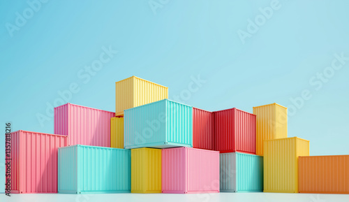 Colorful shipping containers stacked against blue sky background
