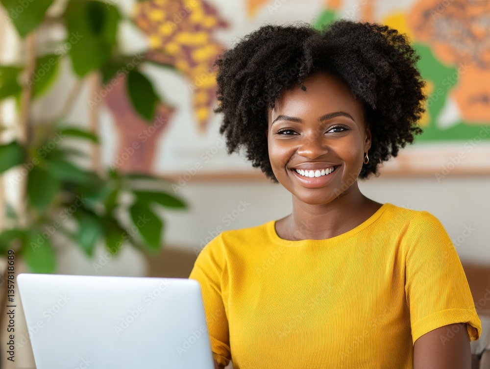 Fototapeta premium Relaxed confident Black woman with natural afro hairstyle working on laptop in home office surrounded by indoor plants and natural light conveying calm lifestyle productivity and independence