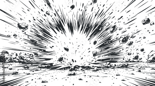 Dynamic black-and-white comic-style explosion illustration with debris and impact lines.