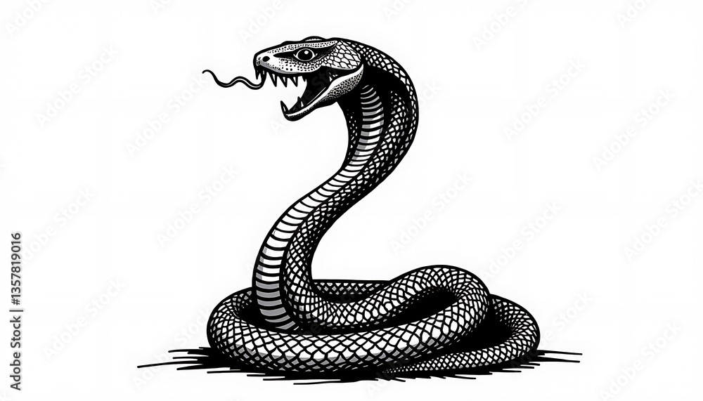 Fototapeta premium Detailed black and white illustration of a coiled snake with open mouth.