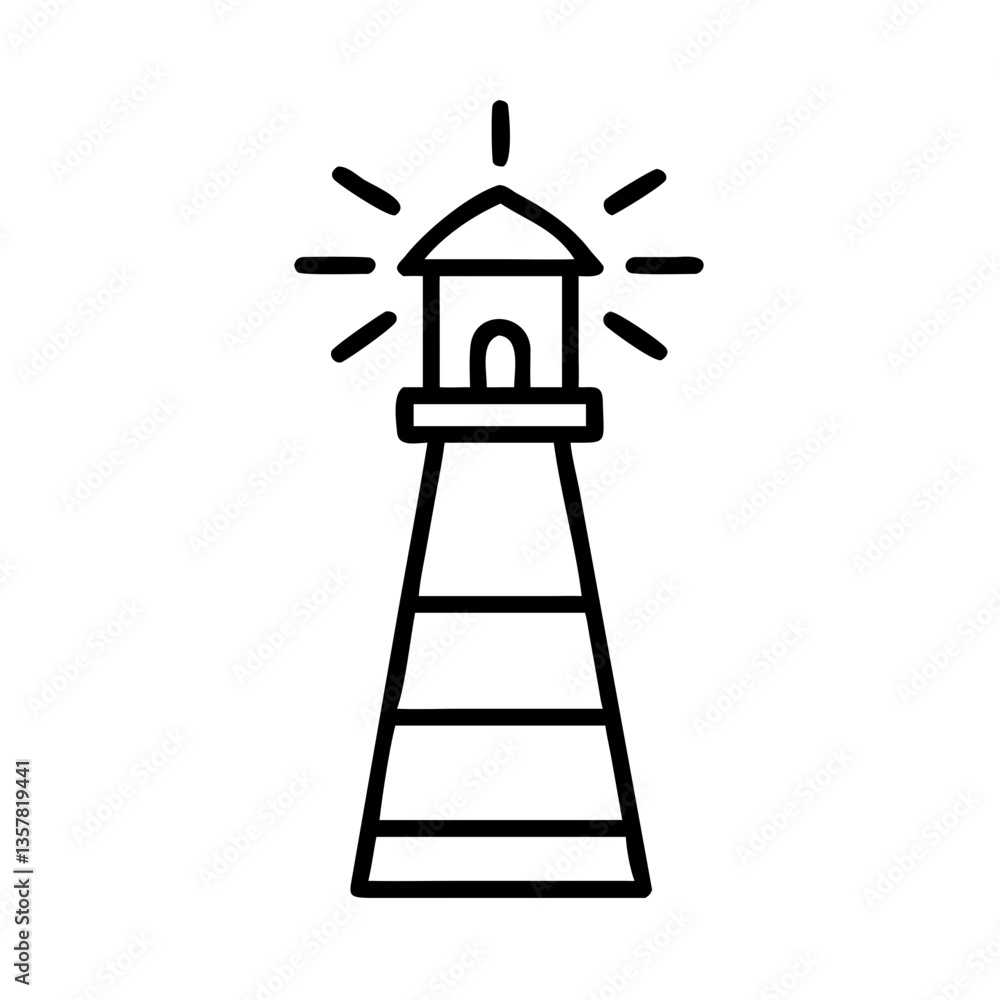 Lighthouse illustration shining bright in a simple black outline Lighthouse illustration shining bright in a simple black outline
