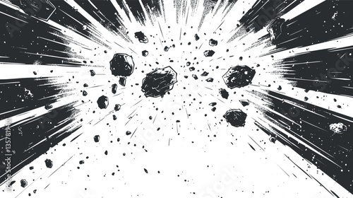 Dynamic black and white comic explosion with debris and motion lines.