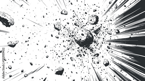 Dynamic comic-style illustration of an asteroid explosion in space.