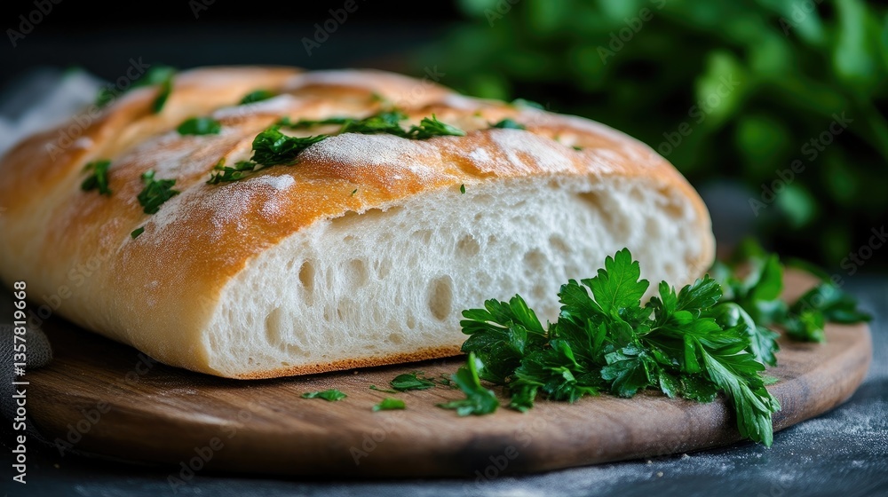 Freshly baked artisan bread, sliced and topped with herbs Freshly baked artisan bread, sliced and topped with herbs