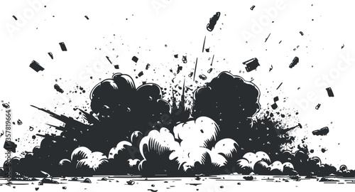 Black and white illustration of an explosive impact with debris.