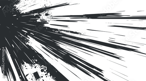 Dynamic black and white abstract paint splash with streaks and splatter.