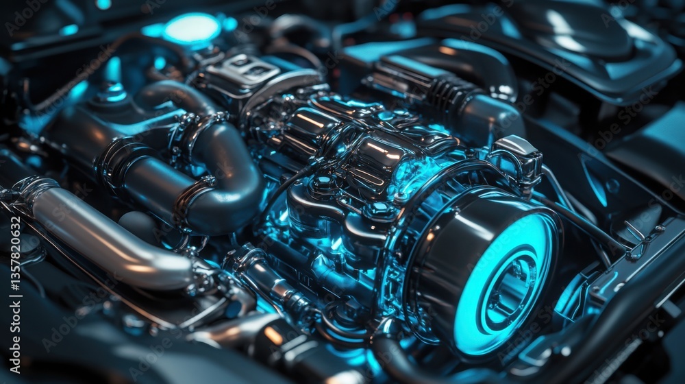 A futuristic hybrid car engine with sleek metallic details, accented by glowing blue neon elements A futuristic hybrid car engine with sleek metallic details, accented by glowing blue neon elements