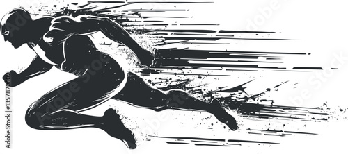 Abstract silhouette of a sprinter in motion with dynamic speed lines, symbolizing power, acceleration, and athletic energy.