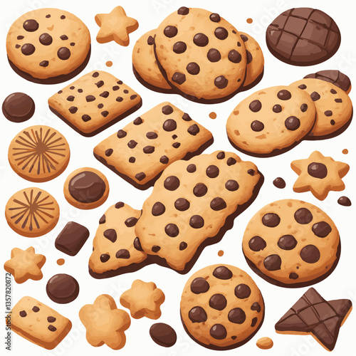dessert, cookie, food, biscuit, sweet, bakery, background, chocolate, delicious, snack, homemade, brown, isolated, candy, pastry, cake, bake, chip, tasty, breakfast, fresh, treat, closeup, sugar, vect