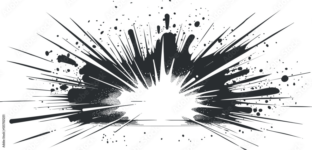 Abstract black and white explosion graphic with dynamic ink splatter. Abstract black and white explosion graphic with dynamic ink splatter.