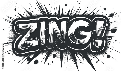 Comic-style text illustration with explosive black and white design.