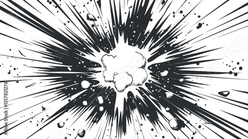 Black and white comic-style explosion illustration with dynamic energy burst.