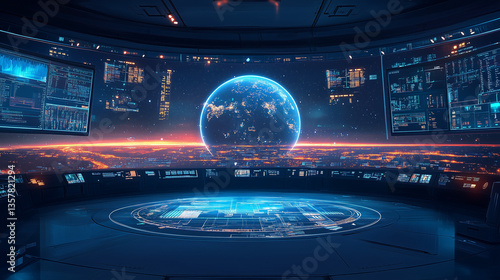 Futuristic control room with Earth view in sci-fi style