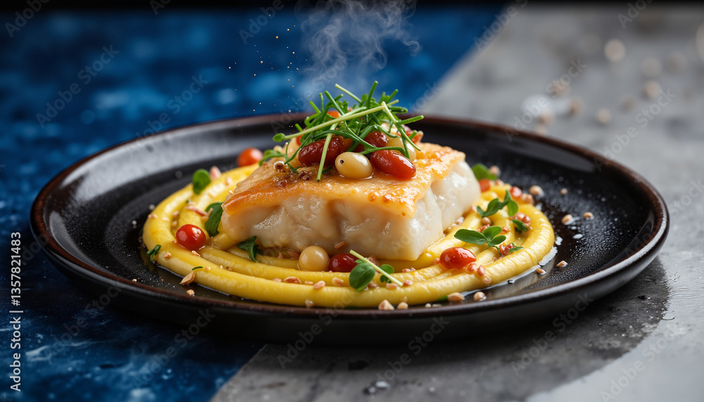 Artfully plated poached halibut with saffron sauce, gourmet cuisine Artfully plated poached halibut with saffron sauce, gourmet cuisine