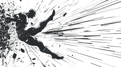 Dynamic superhero illustration in black and white with explosive impact.