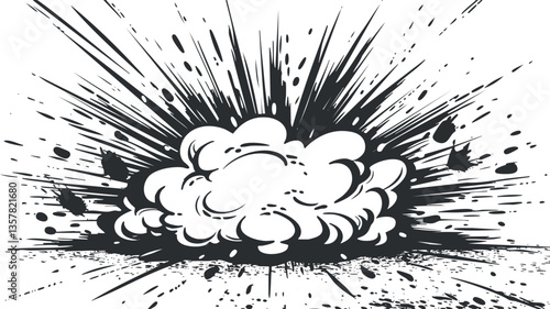 Black and white comic-style explosion illustration with dynamic impact.