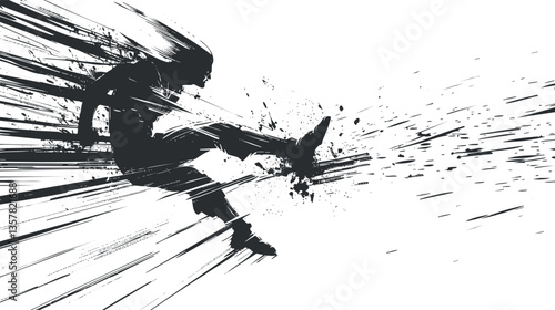 Dynamic black and white illustration of a soccer player kicking a ball.