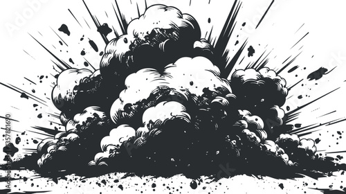 Dynamic black and white illustration of an explosion with smoke and debris.