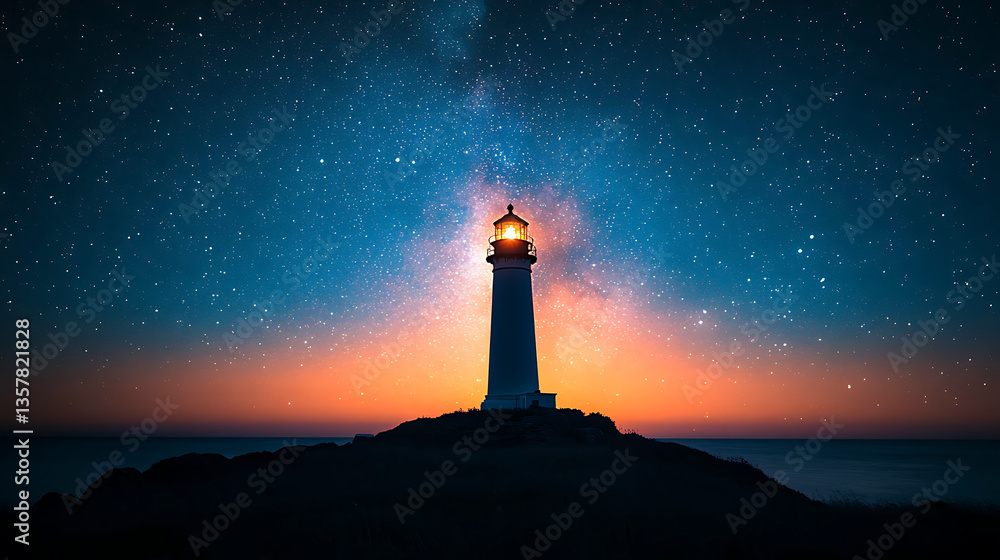 Lighthouse illuminated under a starry night sky near the ocean at twilight Lighthouse illuminated under a starry night sky near the ocean at twilight