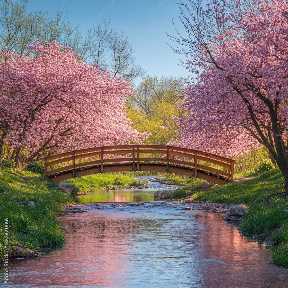 Fototapeta premium Blooming cherry trees beside a tranquil creek