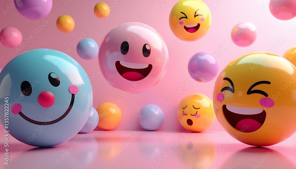 Vibrant 3D Spheres with Expressive Faces on Pink Background. Vibrant 3D Spheres with Expressive Faces on Pink Background.