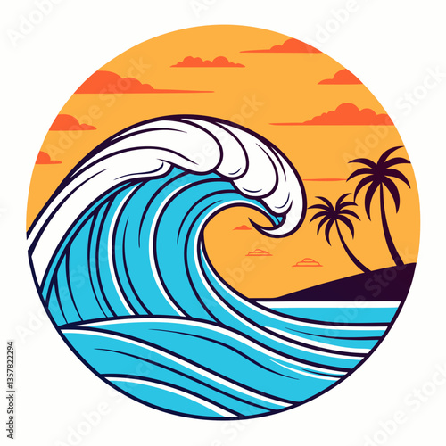 Photography Sunset Beach Scene with Ocean Wave and Palm Trees Circle Emblem for Tropical and