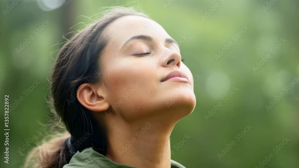 Close-up video of a woman in a green jacket, eyes closed, enjoying nature. Soft focus background, capturing a serene, meditative moment. Close-up video of a woman in a green jacket, eyes closed, enjoying nature. Soft focus background, capturing a serene, meditative moment.