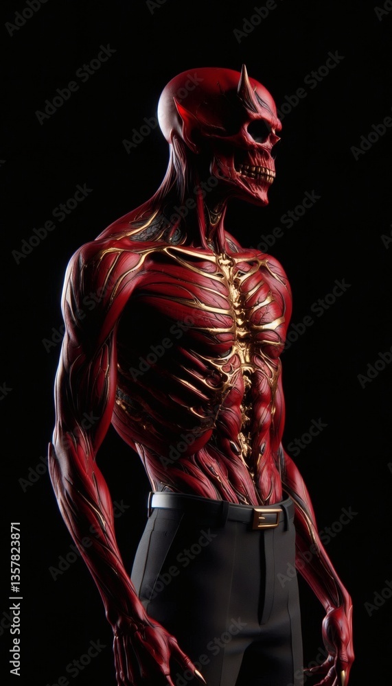 A red elegant demon. Its skull is visible, and it wears a fashionable outfit A red elegant demon. Its skull is visible, and it wears a fashionable outfit