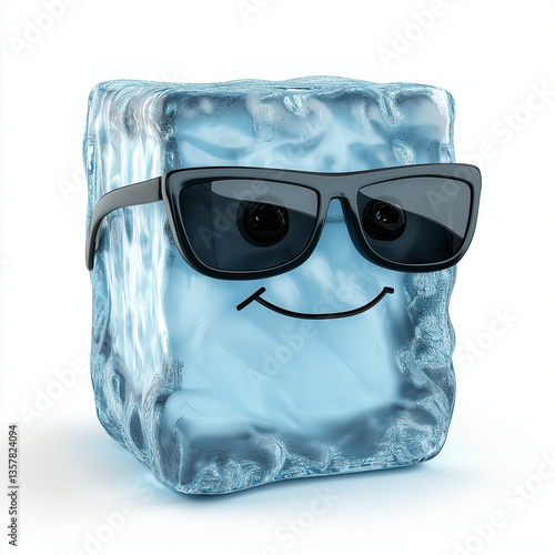 Smiling cartoon ice cube character wearing dark sunglasses, radiating confidence and cool vibes.