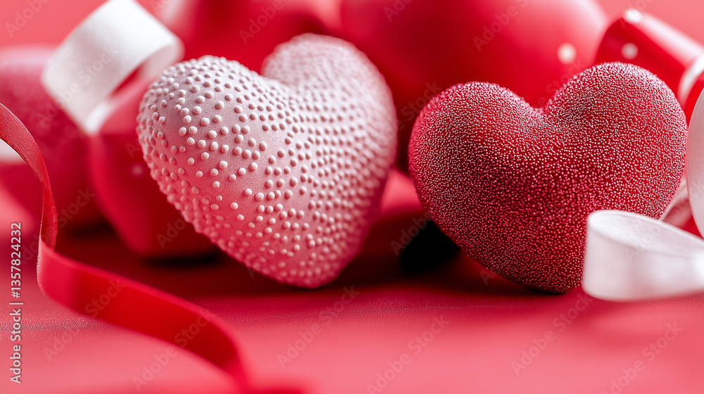 Fototapeta premium Red heart-shaped decorations and ribbons arranged on a peach-colored background. 