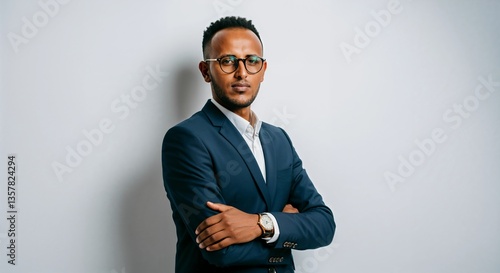 Confident Ethiopian businessman standing with arms crossed against a white background, wearing a sharp navy blue suit and glasses. Ethiopian executive man.