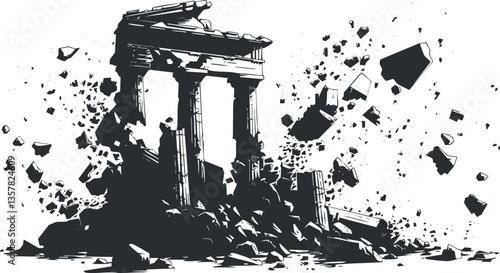 Illustration of ancient temple ruins collapsing with debris scattering.