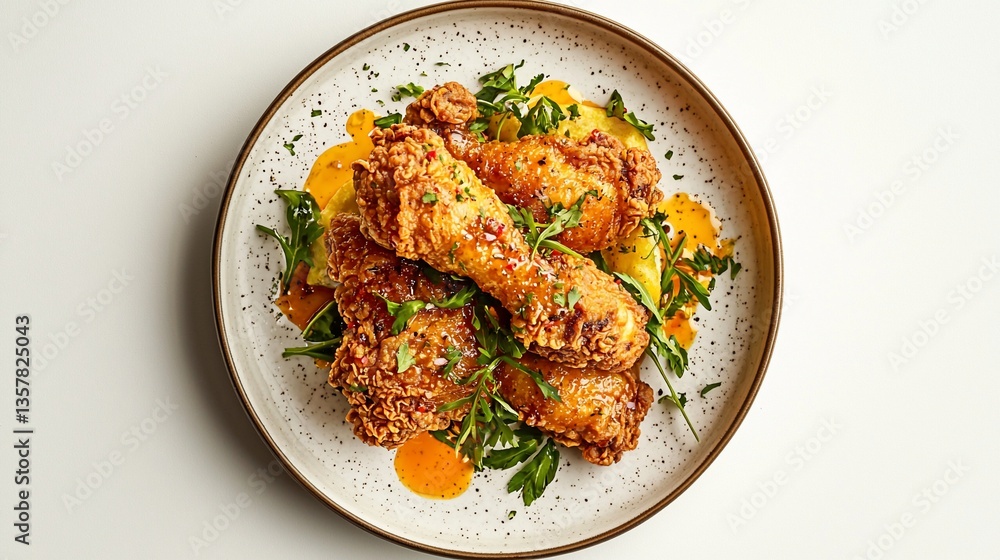 Fototapeta premium Delicious southern fried chicken arranged artfully on a speckled stoneware plate
