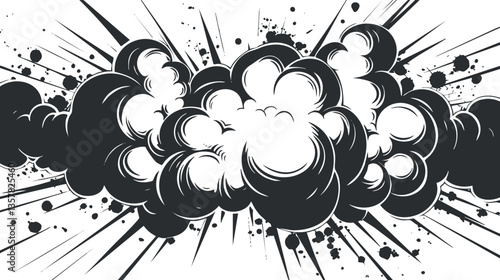 Black and white comic-style explosion with dynamic cloud burst illustration.
