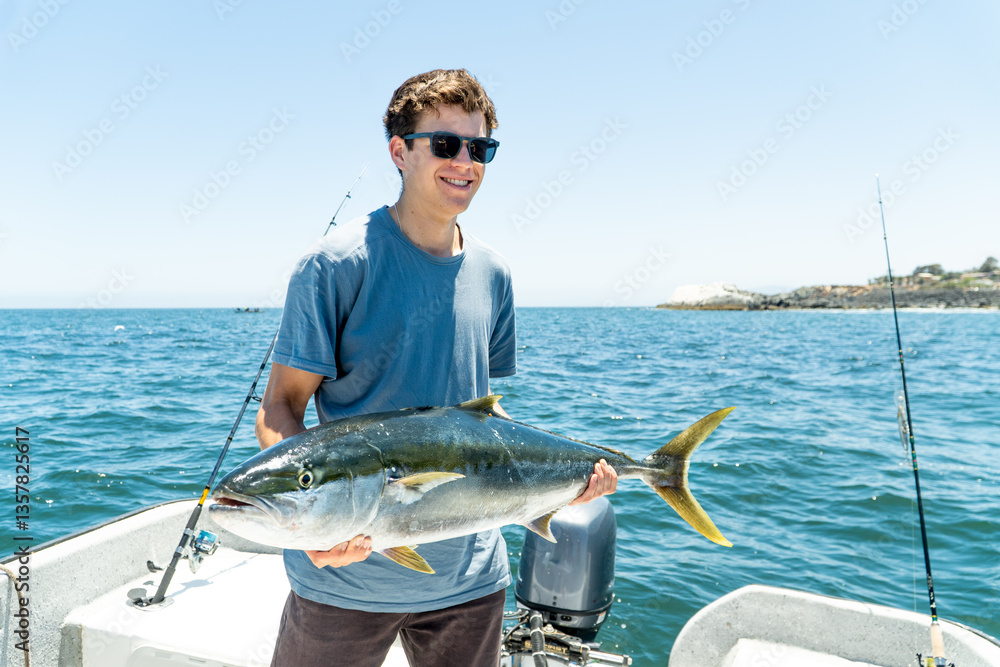 A young brunette with glasses smiles proudly while holding a large fish freshly caught from the water, posing for a photo.