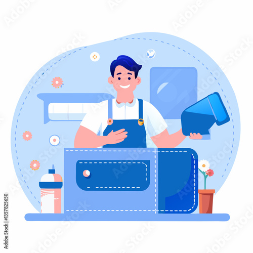 A person making leather wallet image. Cartoon style. Vector illustration.
