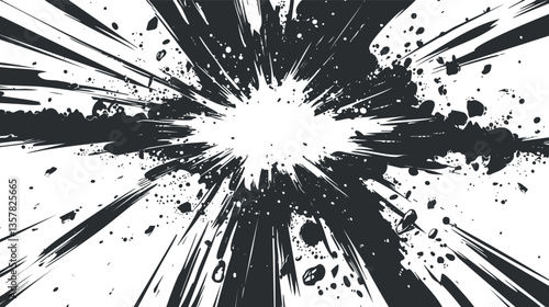 Dynamic black and white abstract explosion graphic with energetic bursts.
